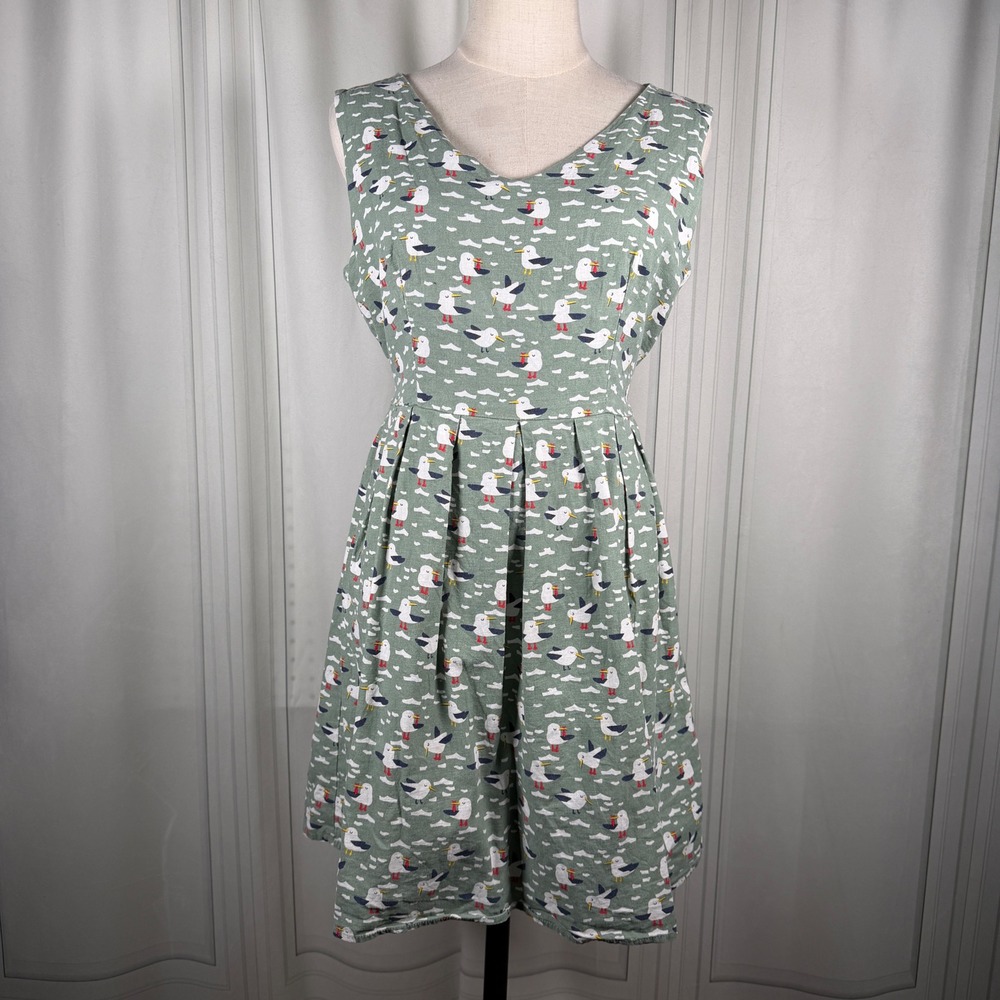 SM Wardrobe Seagull Print Cotton Dress Sage Green Medium Lined Pockets Nautical